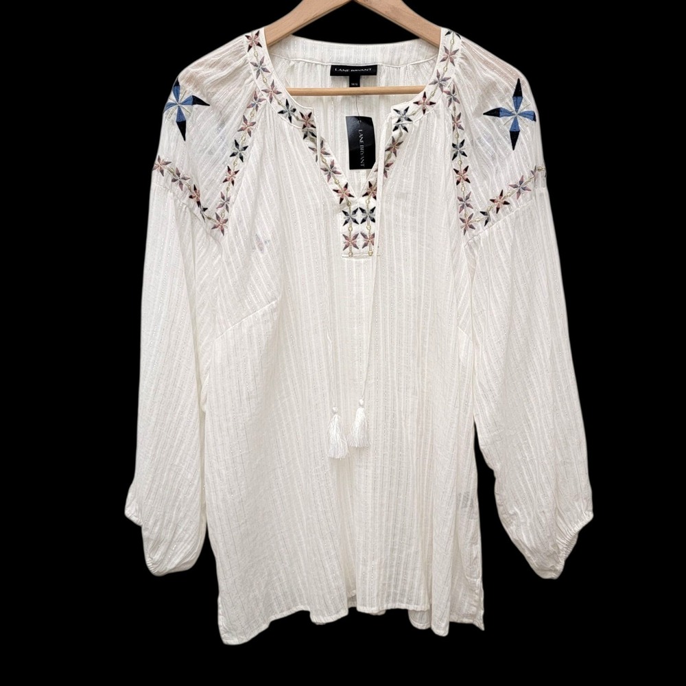 Lane Bryant Size 14/16 Embroidered Peasant Blouse White Boho Tassel Top‎ New - Picture 2 of 16